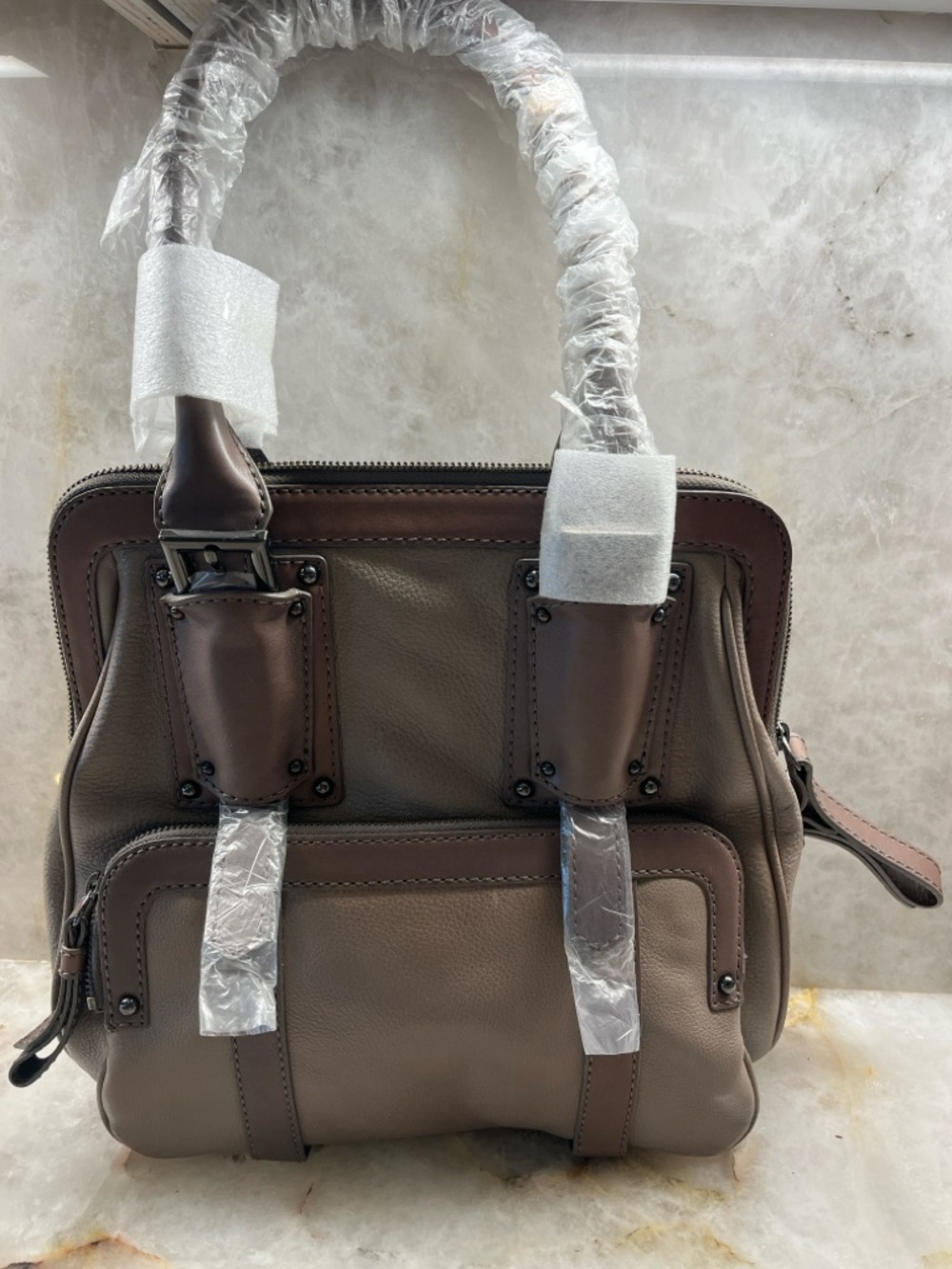 Banana Republic taupe / warm gray-beige & brown trim Leather structured Satchel